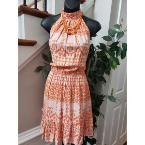 Btfbm Women's White Orange Sleeveless Halter Neck Casual Knee Length Dress Small